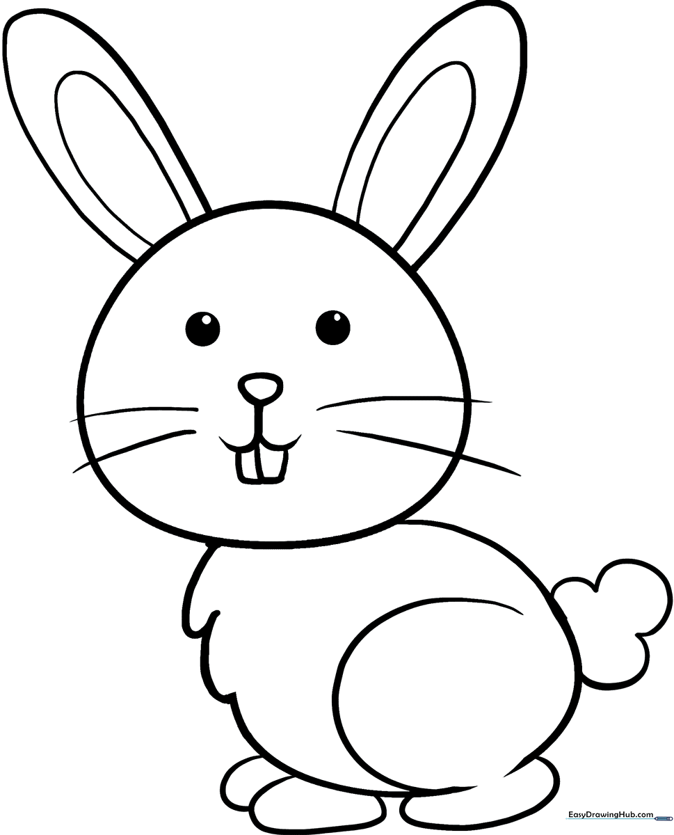 Black and white line art of a friendly cartoon bunny with large ears, designed for children to color with crayons or markers.