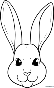 Black and white line art of a friendly bunny face with large ears and a small nose, ready for children to color.