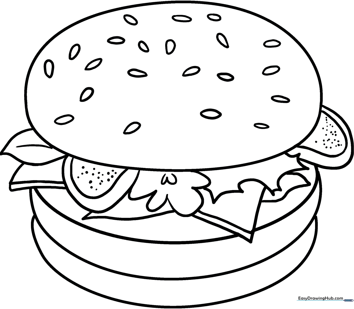 A clean, black-and-white line art illustration of a cheeseburger with lettuce and tomato, designed for children to color.