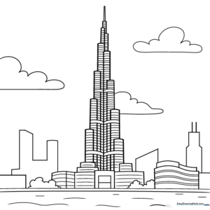 Black and white line art of the Burj Khalifa skyscraper, featuring clear geometric tiers and a pointed spire, ready for coloring.