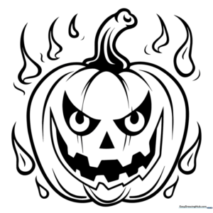 A black and white line art illustration of a carved jack-o'-lantern with flames erupting from the top, designed for children to color.