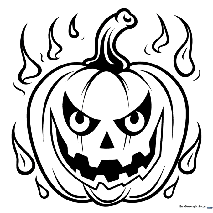 A black and white line art illustration of a carved jack-o'-lantern with flames erupting from the top, designed for children to color.