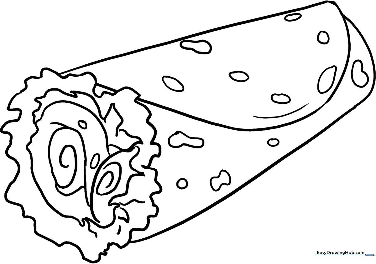 Black and white line art of a wrapped burrito with visible fillings, designed for children to color with crayons or markers.