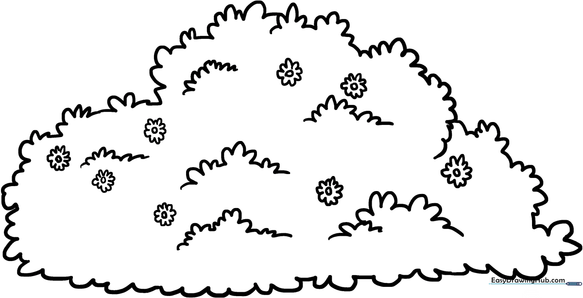 Black and white line art of a rounded garden bush with detailed leaves, ready for children to color with markers or crayons.