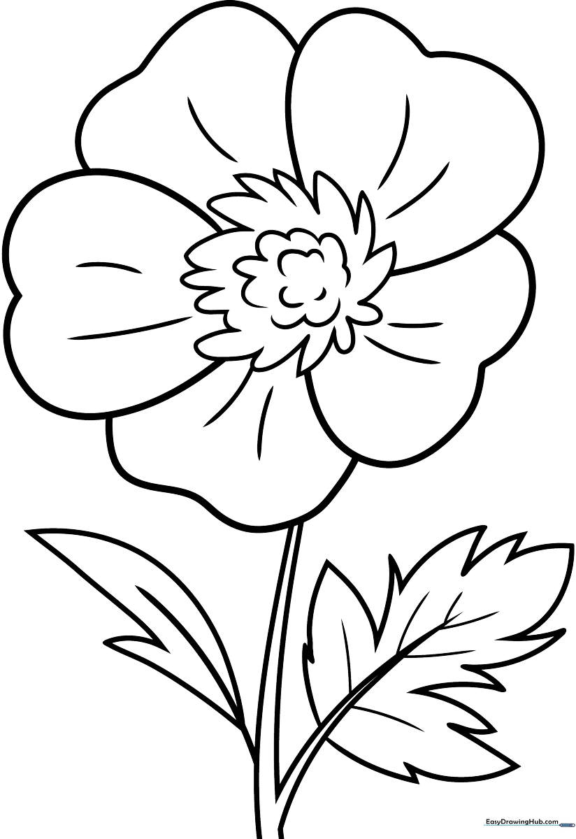A clean, black-and-white line art illustration of a single buttercup flower with rounded petals and a slender stem, designed for children to color.