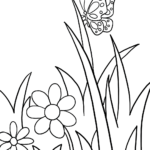 Detailed line art of a butterfly garden featuring various flowers and butterflies, designed for children to color with markers or crayons.
