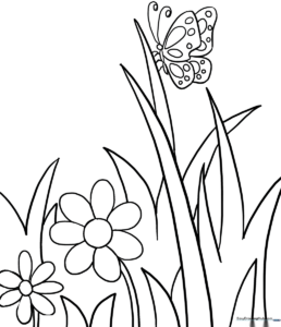 Detailed line art of a butterfly garden featuring various flowers and butterflies, designed for children to color with markers or crayons.