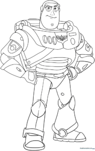 Black and white line art of Buzz Lightyear standing in a heroic pose, featuring clear outlines for easy coloring by children.