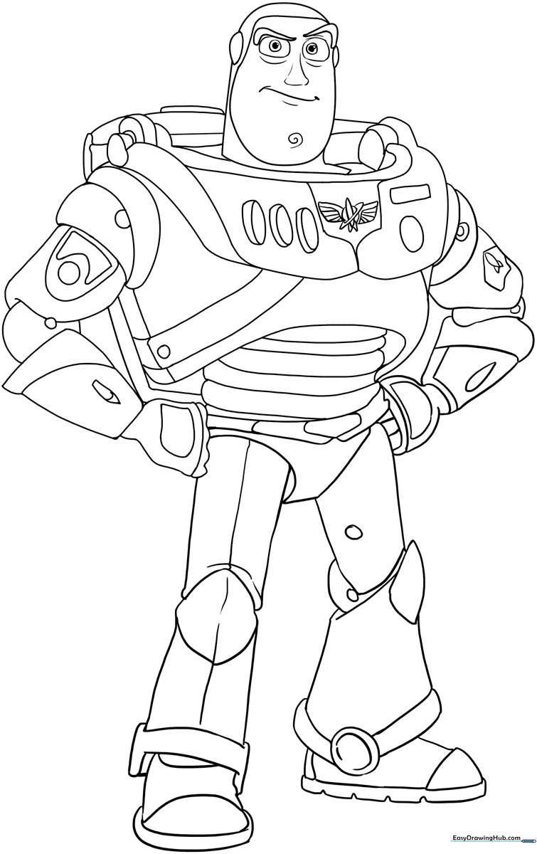 Black and white line art of Buzz Lightyear standing in a heroic pose, featuring clear outlines for easy coloring by children.