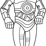 Detailed line art of C-3PO from Star Wars, featuring his distinct robotic head, torso, and mechanical joints, ready for coloring.