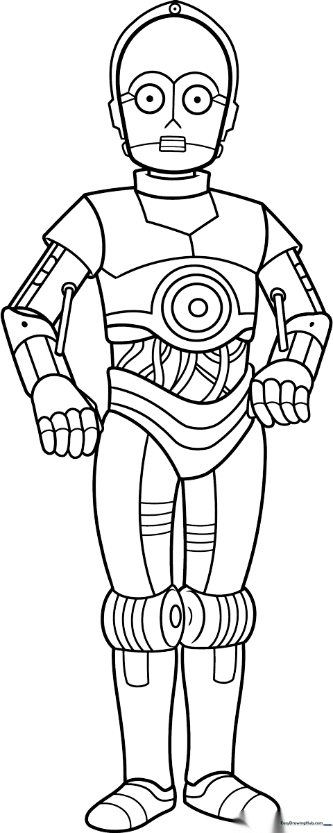 Detailed line art of C-3PO from Star Wars, featuring his distinct robotic head, torso, and mechanical joints, ready for coloring.