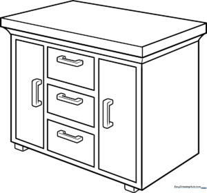 A clean, black-and-white line drawing of a two-door wooden cabinet with simple handles, designed for children to color.