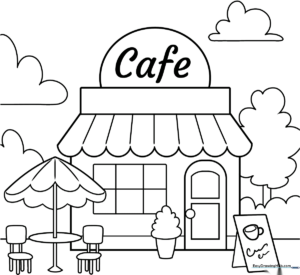 Black and white line art of a quaint cafe storefront with large windows and a welcoming entrance, ready for children to color.