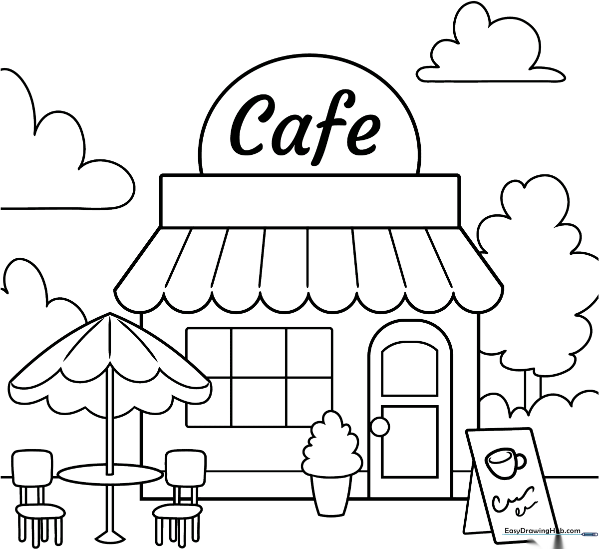 Black and white line art of a quaint cafe storefront with large windows and a welcoming entrance, ready for children to color.