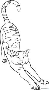 Line art of a calico cat in a deep stretch, featuring distinct patches on its fur, ready for coloring with markers or crayons.