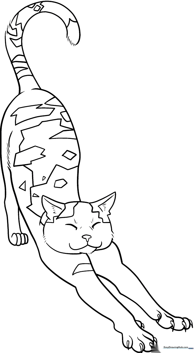 Line art of a calico cat in a deep stretch, featuring distinct patches on its fur, ready for coloring with markers or crayons.