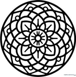 A symmetrical, intricate mandala pattern with geometric shapes and floral motifs, designed for children to color and practice mindfulness.