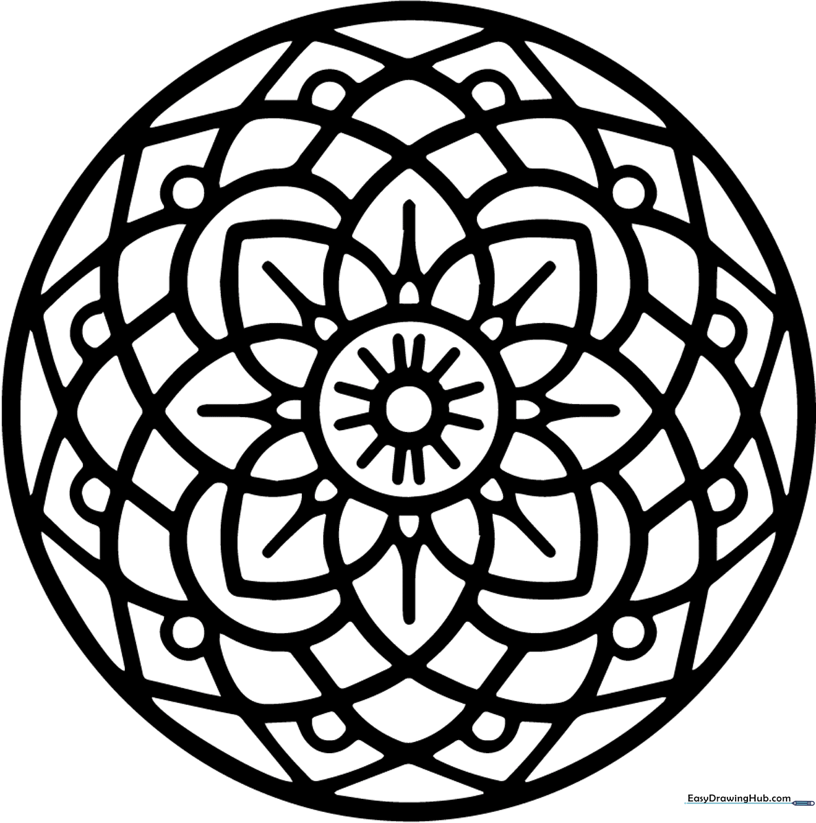 A symmetrical, intricate mandala pattern with geometric shapes and floral motifs, designed for children to color and practice mindfulness.