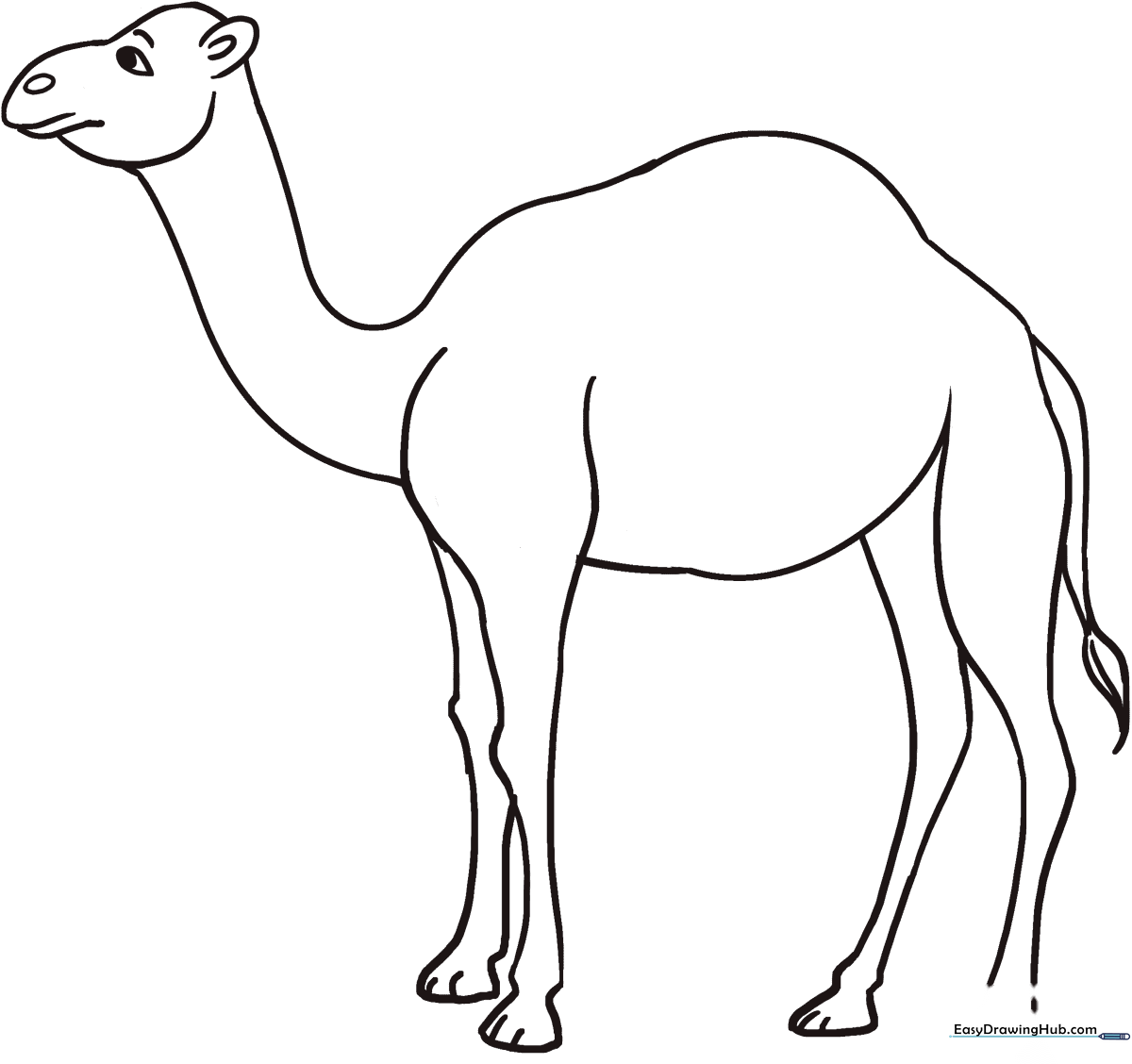 A friendly cartoon camel with a distinct hump, standing in profile, featuring bold outlines for easy coloring by children.