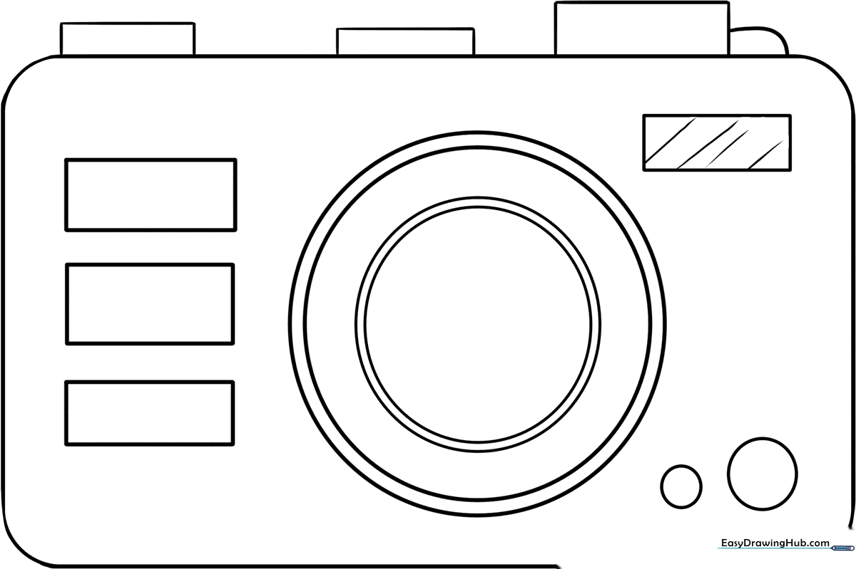 Black and white line art of a vintage-style camera with a large lens, ready for children to color with crayons or markers.