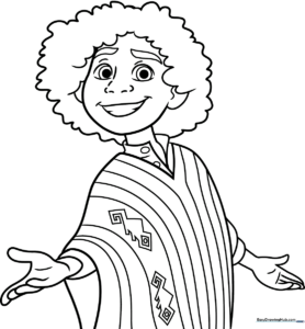 Black and white line art of Camilo Madrigal from Encanto, featuring his signature ruana and curly hair, ready for coloring.