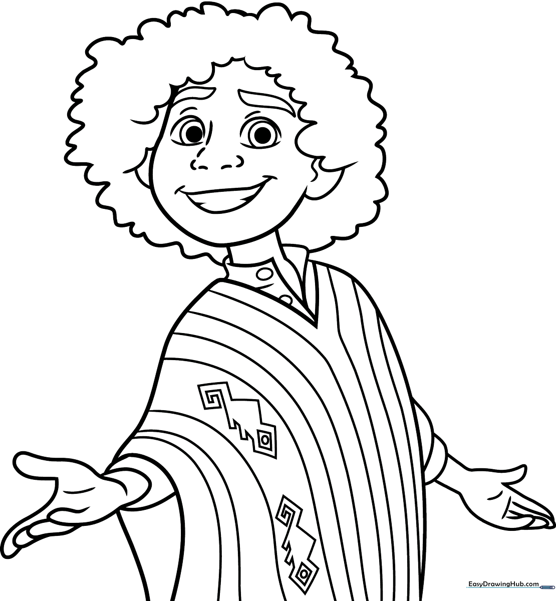 Black and white line art of Camilo Madrigal from Encanto, featuring his signature ruana and curly hair, ready for coloring.