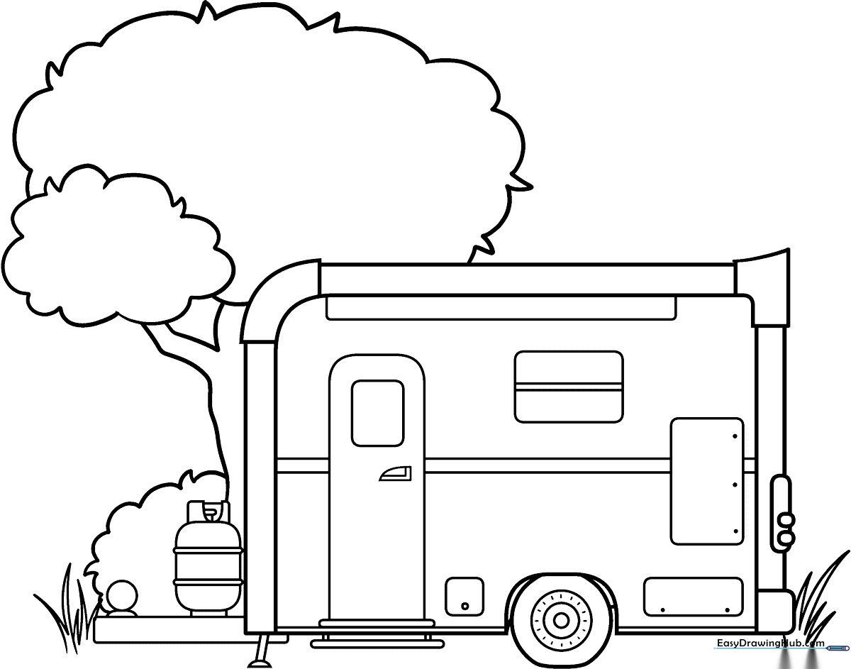 Black and white line art of a vintage-style camper trailer with a large window and rounded wheels, ready for children to color.