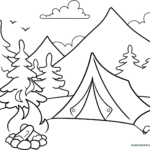 Black and white line art of a camping tent, a crackling campfire, and pine trees, designed for children to color.