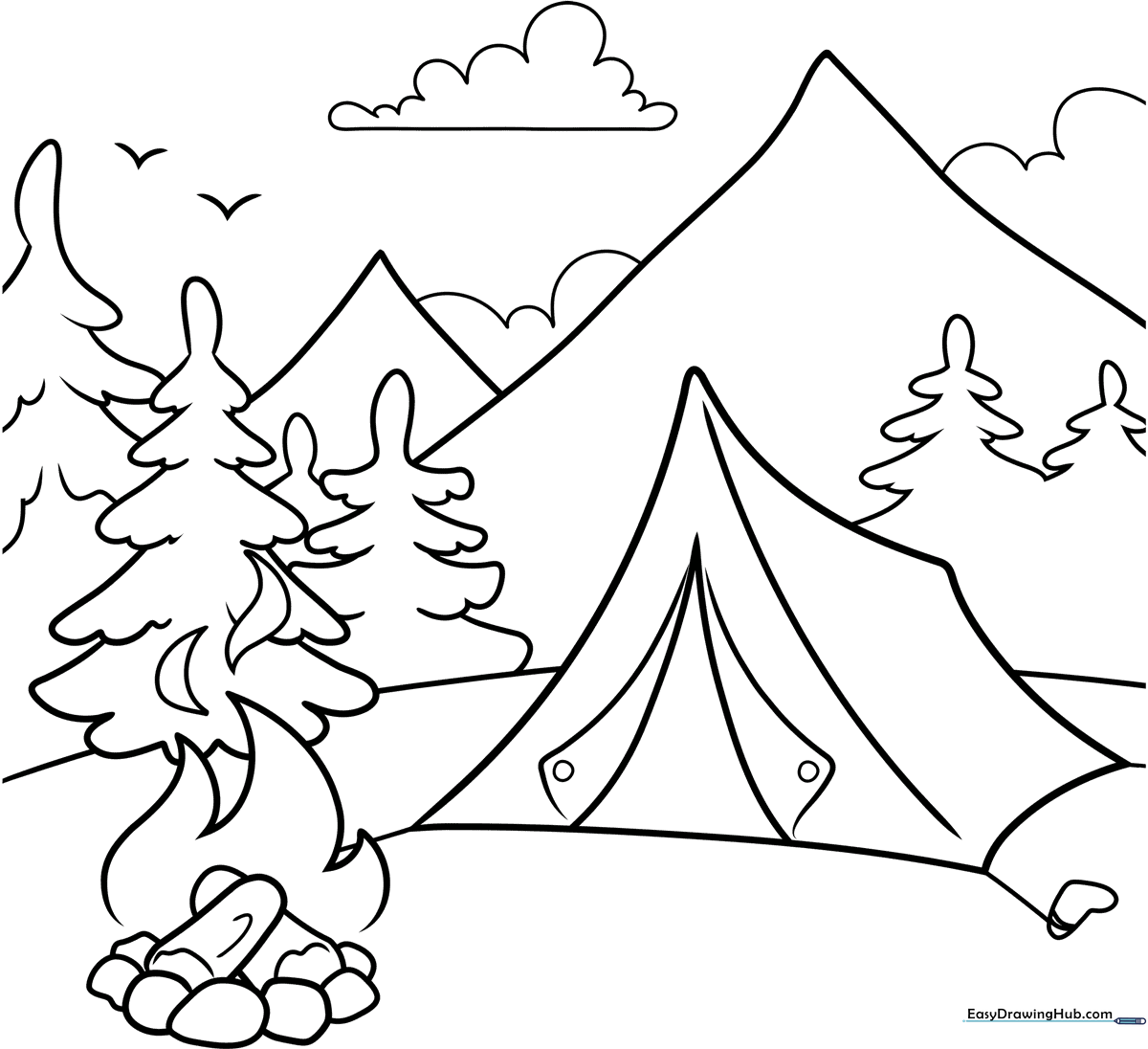 Black and white line art of a camping tent, a crackling campfire, and pine trees, designed for children to color.