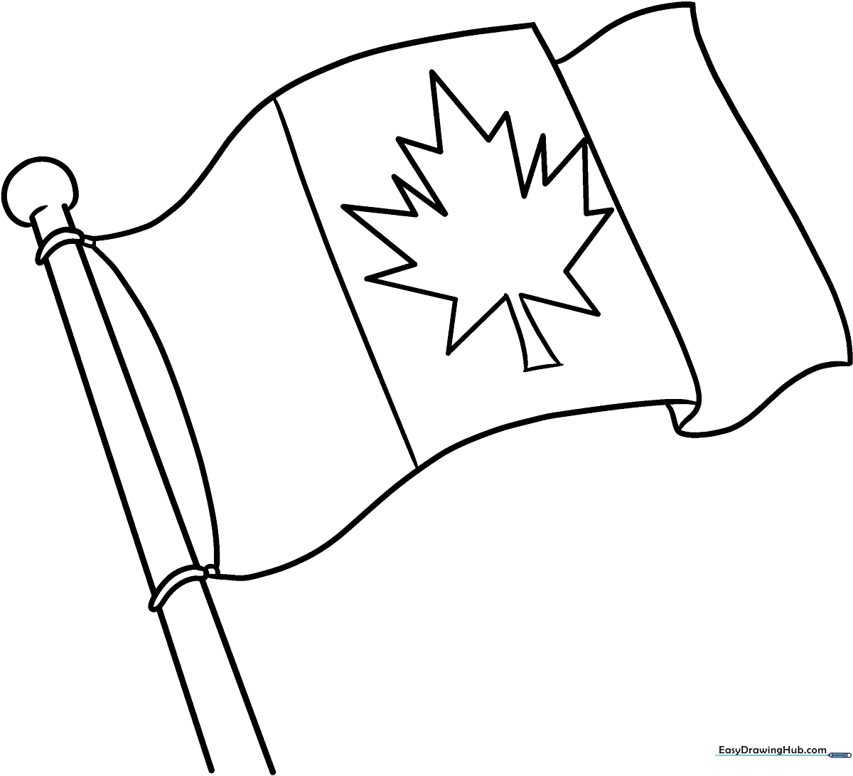 Black and white outline of the Canadian flag featuring a central maple leaf, ready for children to color with red and white markers.