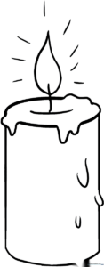 Black and white line art of a single candle with a flickering flame, designed for children to color with crayons or markers.