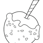 A clear, bold-lined coloring sheet of a round candy apple on a stick, featuring a smooth surface ready for bright red coloring and shading.