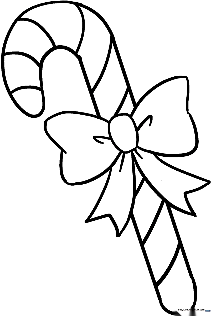 Black and white line art of a classic candy cane with bold stripes, designed for children to color with markers or crayons.