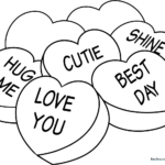 A clean, black-and-white line art illustration of a classic conversation candy heart with a blank center, perfect for children to color and write custom messages inside.