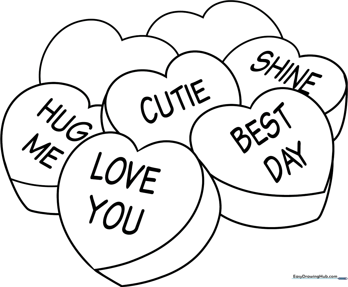 A clean, black-and-white line art illustration of a classic conversation candy heart with a blank center, perfect for children to color and write custom messages inside.