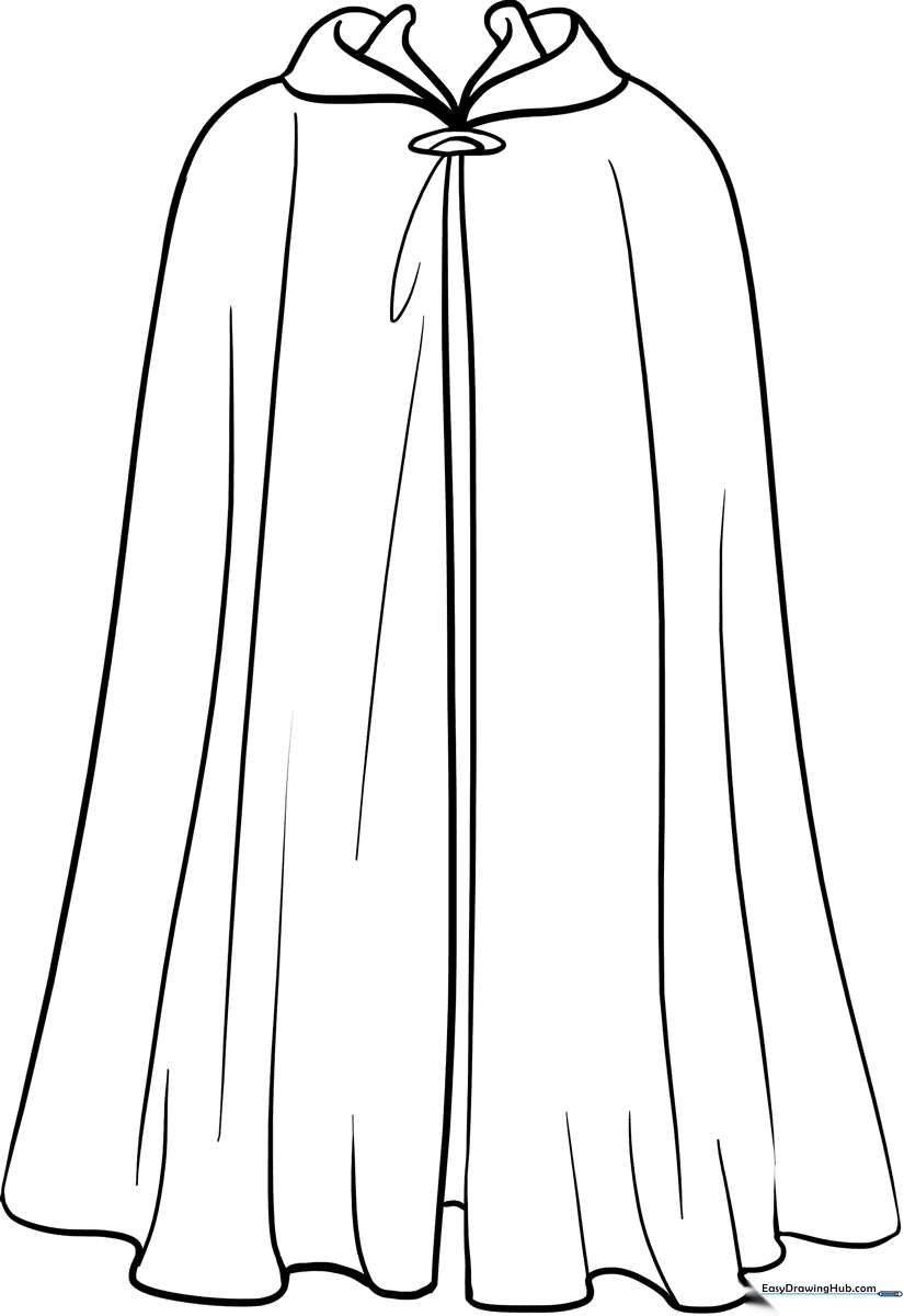 Line art illustration of a flowing superhero cape with bold outlines, designed for children to color and customize.