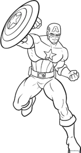 Black and white line art of Captain America in his classic superhero suit, featuring his iconic shield and star emblem, ready for coloring.
