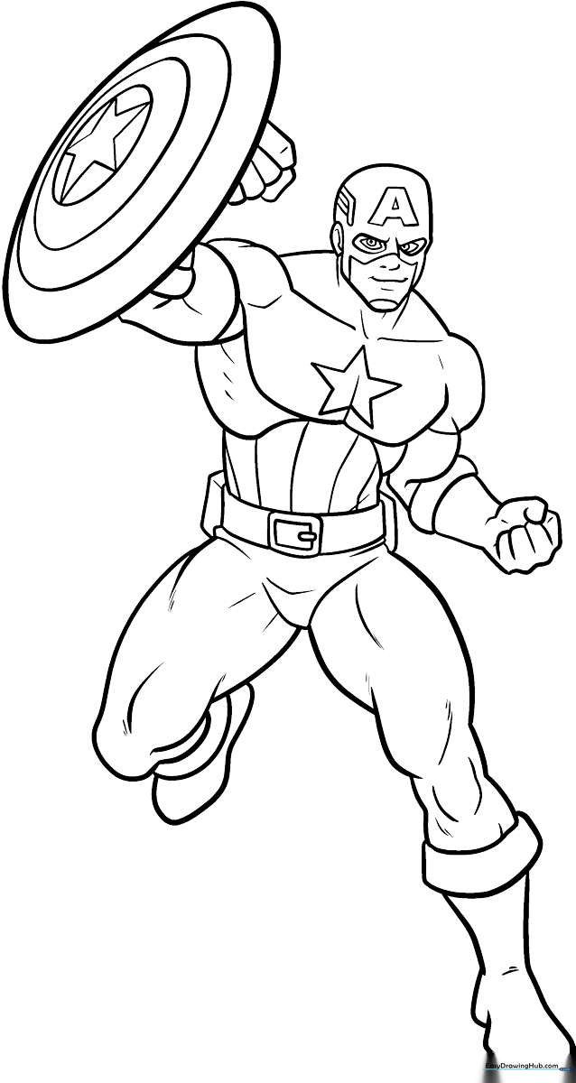 Black and white line art of Captain America in his classic superhero suit, featuring his iconic shield and star emblem, ready for coloring.