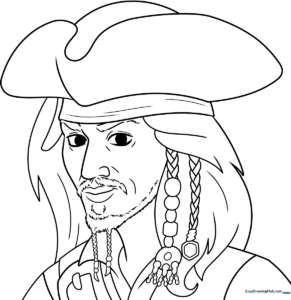 Black and white line art of Captain Jack Sparrow featuring his signature dreadlocks, pirate hat, and goatee, ready for coloring.