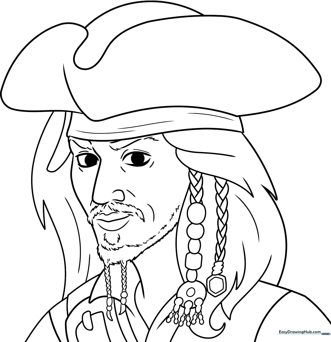 Black and white line art of Captain Jack Sparrow featuring his signature dreadlocks, pirate hat, and goatee, ready for coloring.