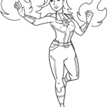 Black and white line art of Captain Marvel in her superhero suit, ready for children to color with crayons or markers.