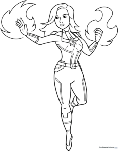 Black and white line art of Captain Marvel in her superhero suit, ready for children to color with crayons or markers.