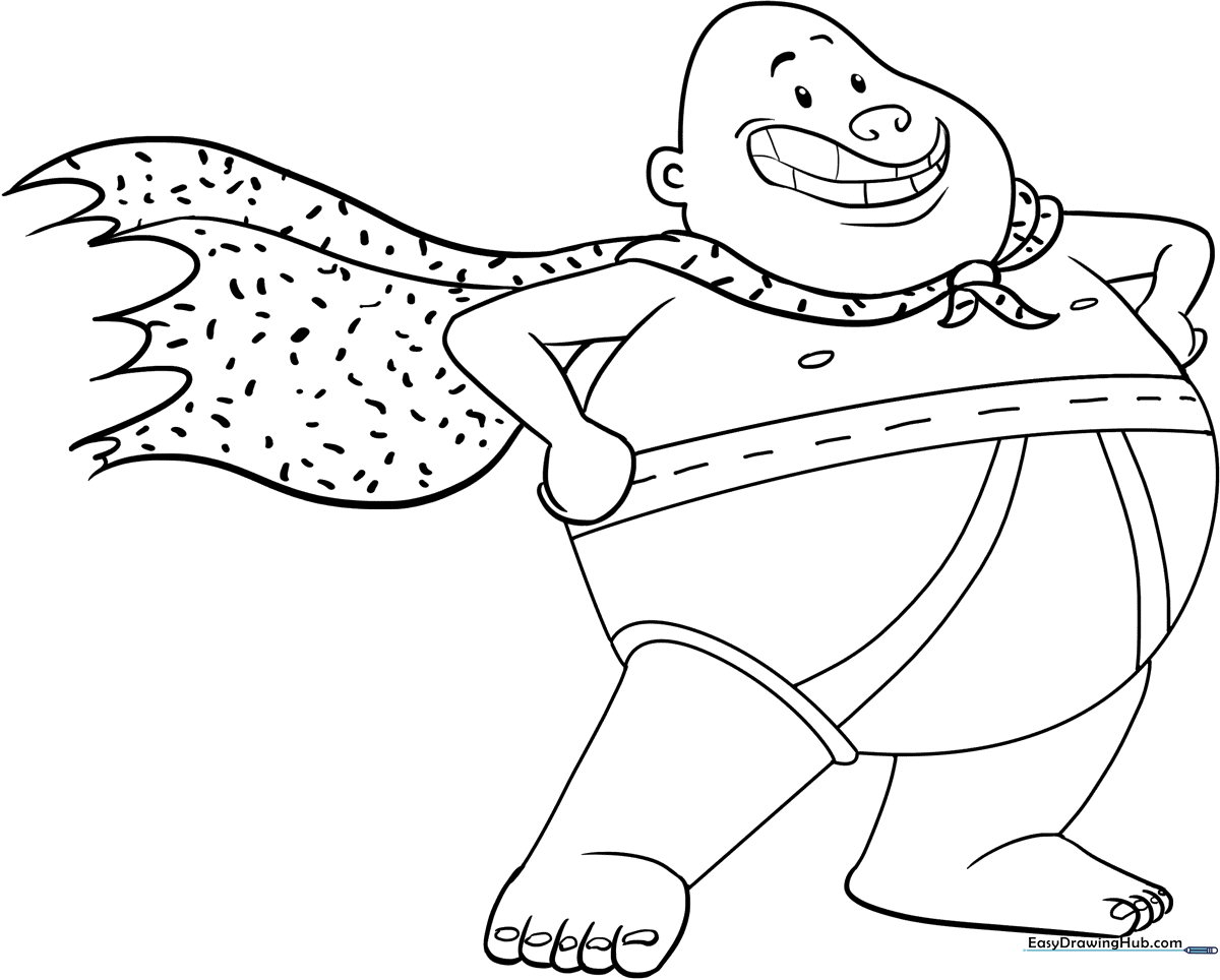 Black and white line art of Captain Underpants smiling with his cape flowing, ready for children to color with crayons or markers.