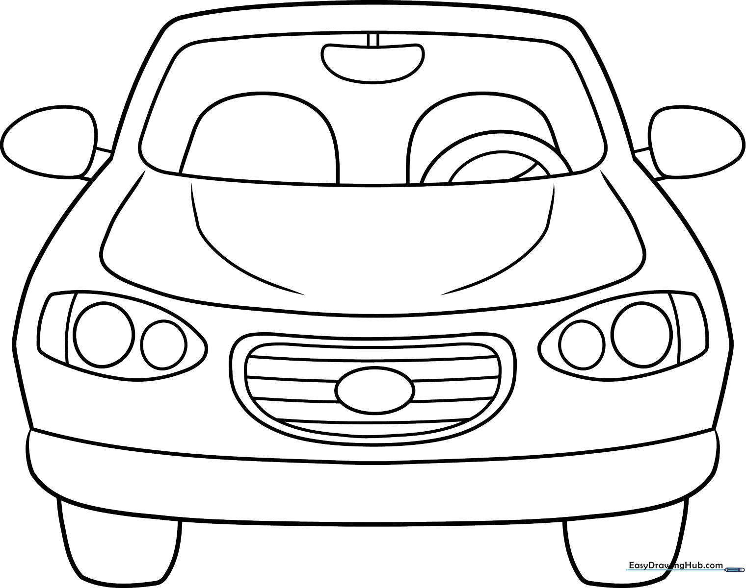 Black and white line art of a car from a front-facing perspective, featuring clear headlights, a grille, and windshield, designed for children to color.