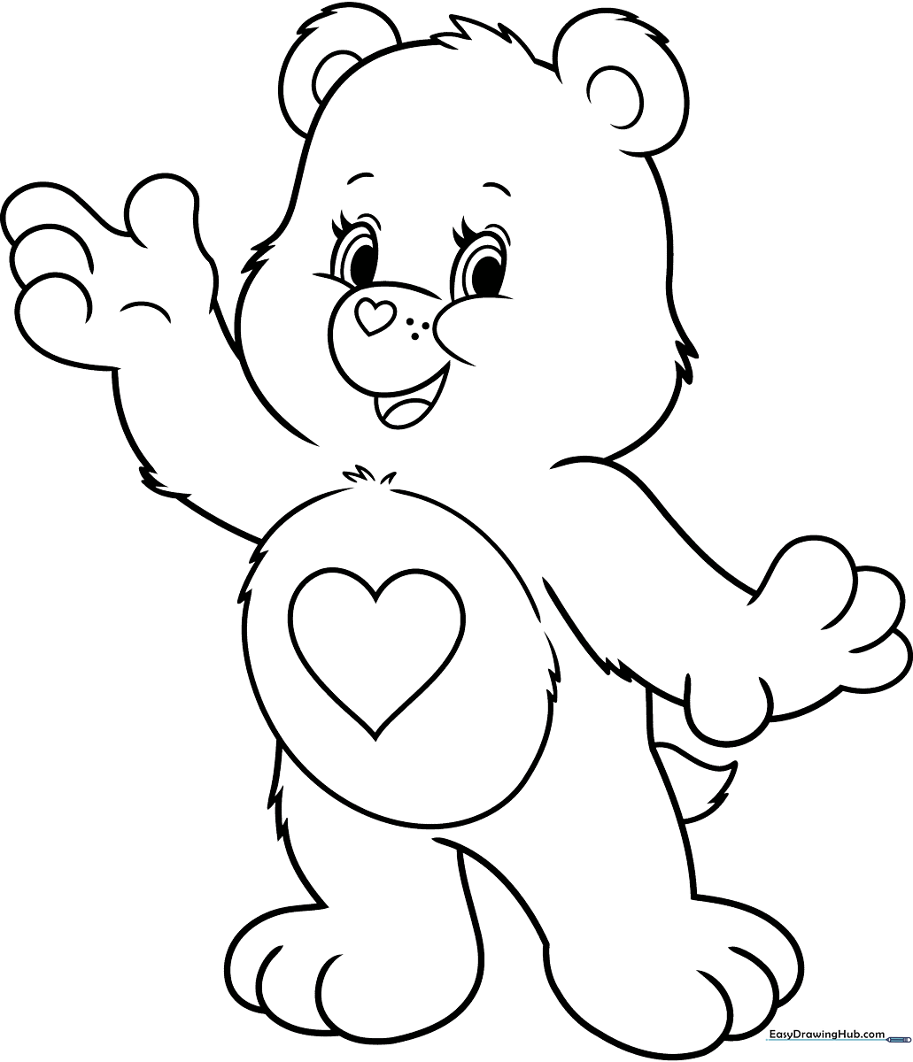 Black and white line art of a friendly Care Bear character with a heart symbol on its tummy, ready for coloring.