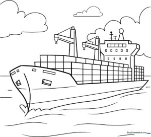 Black and white line art of a large cargo ship with stacked containers, designed for children to color.