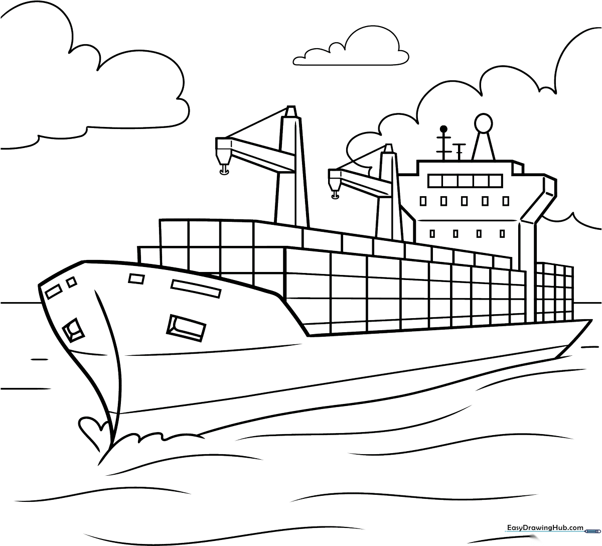 Black and white line art of a large cargo ship with stacked containers, designed for children to color.