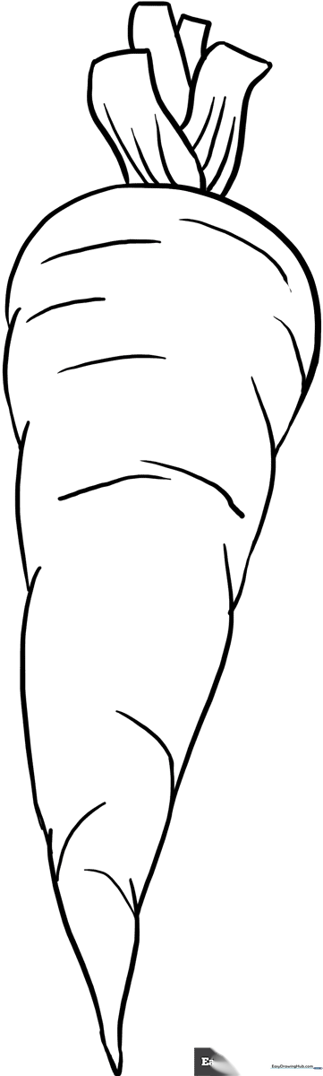 Black and white line art of a garden carrot with leafy green tops, designed for children to color.