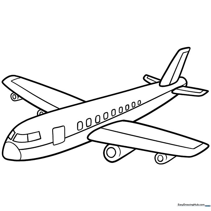 A friendly cartoon airplane with large windows and a smiling propeller, outlined in thick black lines for easy coloring by toddlers and preschoolers.