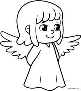 Black and white line art of a smiling cartoon angel with large wings and a halo, designed for children to color.